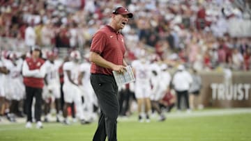 Aug 30, 2025; Tallahassee, Florida, USA; Alabama Crimson Tide head coach Kalen DeBoer reacts after a play against the Florida State Seminoles during the second half at Doak S. Campbell Stadium. Mandatory Credit: Melina Myers-Imagn Images