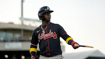 Jul 9, 2025; West Sacramento, California, USA; Atlanta Braves second baseman Ozzie Albies (1) walks towards the dugout after breaking his bat on pop fly against the Athletics in the sixth inning at Sutter Health Park. Mandatory Credit: Cary Edmondson-Imagn Images