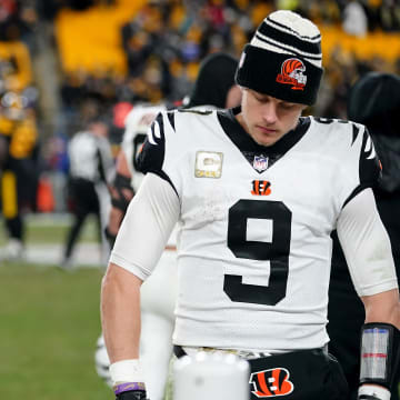 Cincinnati Bengals quarterback Joe Burrow (9) flexes to a teammate as from the bench in the fourth quarter during a Week 11 NFL game against the Pittsburgh Steelers, Sunday, Nov. 20, 2022, at Acrisure Stadium in Pittsburgh, Pa. The Cincinnati Bengals won, 37-30.

Nfl Cincinnati Bengals At Pittsburgh Steelers Nov 20 0333