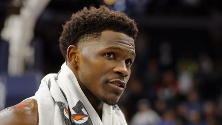 Dec 28, 2023; Minneapolis, Minnesota, USA; Minnesota Timberwolves guard Anthony Edwards (5) talks to a reporter after the game with Dallas Mavericks at Target Center. Mandatory Credit: Bruce Kluckhohn-USA TODAY Sports