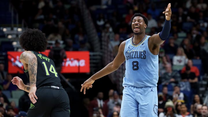 Jan 30, 2026; New Orleans, Louisiana, USA; Memphis Grizzlies forward Jaren Jackson Jr. (8) reacts after a three point basket against New Orleans Pelicans guard Micah Peavy (14) during the first half at Smoothie King Center. Mandatory Credit: Matthew Hinton-Imagn Images