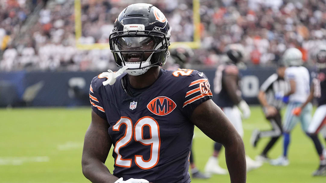 Sep 21, 2025; Chicago, Illinois, USA; Chicago Bears cornerback Tyrique Stevenson (29) reacts after a turnover against the Dallas Cowboys during the first half at Soldier Field. Mandatory Credit: David Banks-Imagn Images