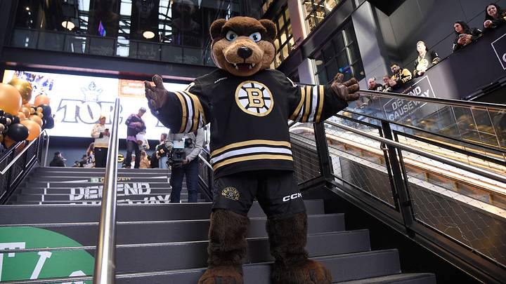 Apr 20, 2024; Boston, Massachusetts, USA; Boston Bruins mascot Blades poses for a photo prior to game one of the first round of the 2024 Stanley Cup Playoffs against the Toronto Maple Leafs at TD Garden. Mandatory Credit: Bob DeChiara-USA TODAY Sports