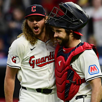 May 4, 2024; Cleveland, Ohio, USA; Cleveland Guardians relief pitcher Scott Barlow (58) and catcher Austin Hedges (27) celebrate after the Guardians beat the Los Angeles Angels at Progressive Field.