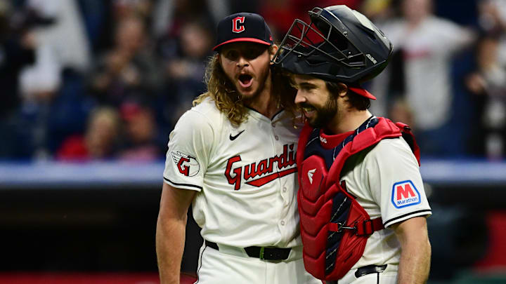 May 4, 2024; Cleveland, Ohio, USA; Cleveland Guardians relief pitcher Scott Barlow (58) and catcher Austin Hedges (27) celebrate after the Guardians beat the Los Angeles Angels at Progressive Field.