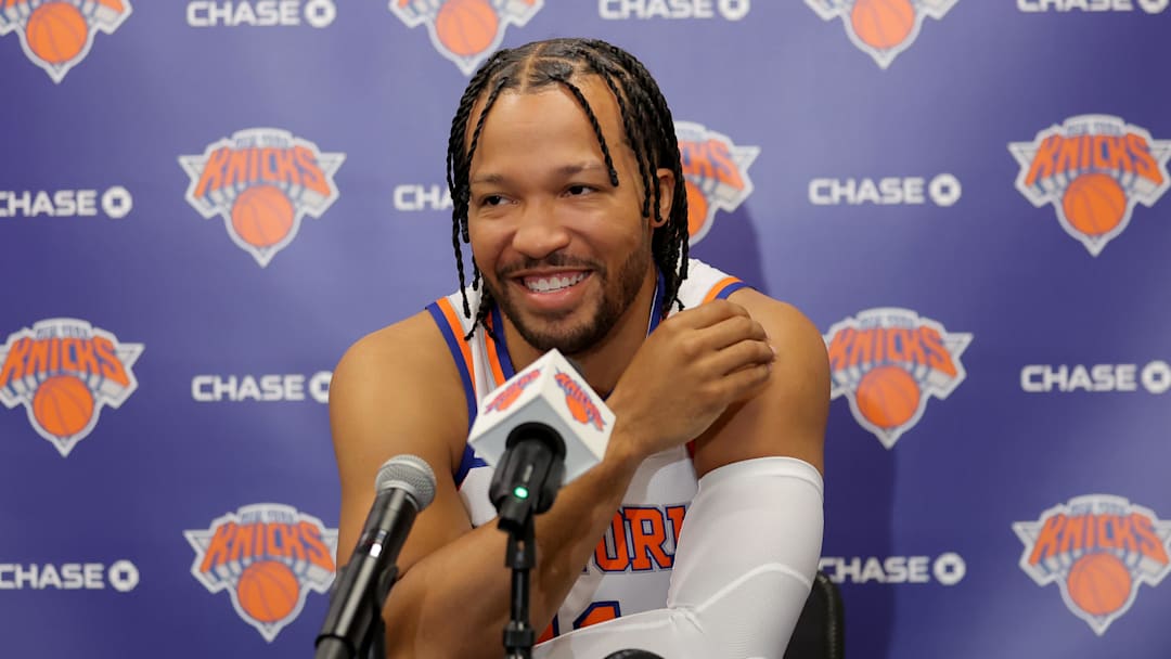 Sep 23, 2025; New York, NY, USA; New York Knicks guard Jalen Brunson speaks to the media during a media day press conference at the Madison Square Garden training center. Mandatory Credit: Brad Penner-Imagn Images