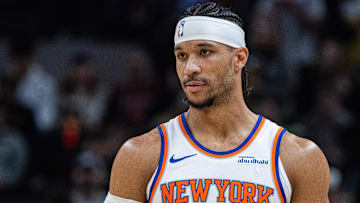 Feb 11, 2025; Indianapolis, Indiana, USA; New York Knicks guard Josh Hart (3) before the game against the Indiana Pacers at Gainbridge Fieldhouse. Mandatory Credit: Trevor Ruszkowski-Imagn Images
