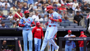 Aug 31, 2024; Bronx, New York, USA; St. Louis Cardinals left fielder Lars Nootbaar (21) scores a run on St. Louis Cardinals catcher Ivan Herrera (not pictured) RBI double against the New York Yankees during the sixth inning at Yankee Stadium. Mandatory Credit: Gregory Fisher-USA TODAY Sports