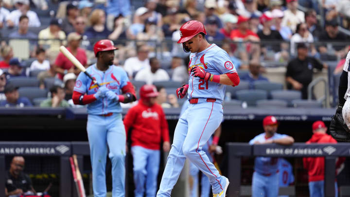 Aug 31, 2024; Bronx, New York, USA; St. Louis Cardinals left fielder Lars Nootbaar (21) scores a run on St. Louis Cardinals catcher Ivan Herrera (not pictured) RBI double against the New York Yankees during the sixth inning at Yankee Stadium. Mandatory Credit: Gregory Fisher-USA TODAY Sports