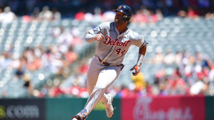 Jun 27, 2024; Anaheim, California, USA; Detroit Tigers designated hitter Justyn-Henry Malloy (44) runs home to score after hitting an inside the park home run against the Los Angeles Angels during the fourth inning at Angel Stadium.