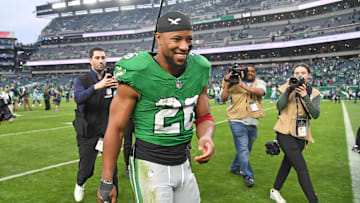 Dec 29, 2024; Philadelphia, Pennsylvania, USA; Philadelphia Eagles running back Saquon Barkley (26) runs off the field after win against the Dallas Cowboys at Lincoln Financial Field. Mandatory Credit: Eric Hartline-Imagn Images