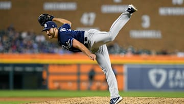 Aug 5, 2022; Detroit, Michigan, USA; Tampa Bay Rays relief pitcher Colin Poche (38) delivers a pitch against the Detroit Tigers in the ninth inning of the Rays 5-3 win at Comerica Park. Mandatory Credit: Lon Horwedel-Imagn Images