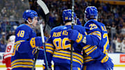Dec 9, 2024; Buffalo, New York, USA;  Buffalo Sabres right wing Nicolas Aube-Kubel (96) celebrates his goal with teammates during the second period against the Detroit Red Wings at KeyBank Center. Mandatory Credit: Timothy T. Ludwig-Imagn Images