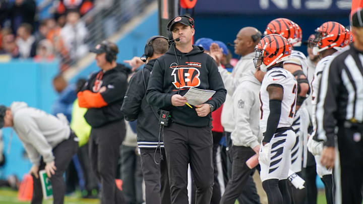 Cincinnati Bengals head coach Zac Taylor surveys the field during the second quarter at Nissan Stadium in Nashville, Tenn., Sunday, Dec. 15, 2024. Cincinnati Bengals head coach Zac Taylor surveys the field during the second quarter at Nissan Stadium in Nashville, Tenn., Sunday, Dec. 15, 2024.