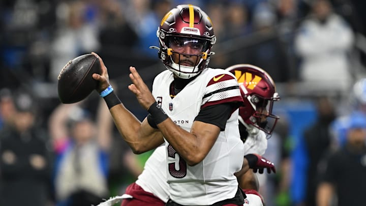 Jan 18, 2025; Detroit, Michigan, USA; Washington Commanders quarterback Jayden Daniels (5) throws a pass during the first quarter against Detroit Lions in a 2025 NFC divisional round game at Ford Field. Mandatory Credit: Lon Horwedel-Imagn Images Jan 18, 2025; Detroit, Michigan, USA; Washington Commanders quarterback Jayden Daniels (5) throws a pass during the first quarter against Detroit Lions in a 2025 NFC divisional round game at Ford Field. Mandatory Credit: Lon Horwedel-Imagn Images