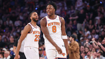 Apr 19, 2025; New York, New York, USA; New York Knicks forward OG Anunoby (8) celebrates after scoring with forward Mikal Bridges (25) in Game One of the First Round of the NBA Playoffs against the Detroit Pistons at Madison Square Garden. Mandatory Credit: Wendell Cruz-Imagn Images
