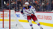 Nov 29, 2024; Philadelphia, Pennsylvania, USA; New York Rangers center Mika Zibanejad (93) in action against the Philadelphia Flyers in the second period at Wells Fargo Center. Mandatory Credit: Kyle Ross-Imagn Images