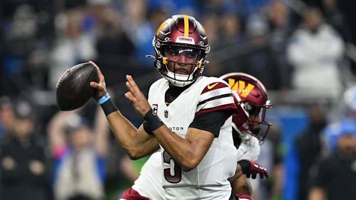 Washington Commanders quarterback Jayden Daniels (5) throws a pass during the first quarter against Detroit Lions in a 2025 NFC divisional round game at Ford Field. Washington Commanders quarterback Jayden Daniels (5) throws a pass during the first quarter against Detroit Lions in a 2025 NFC divisional round game at Ford Field.