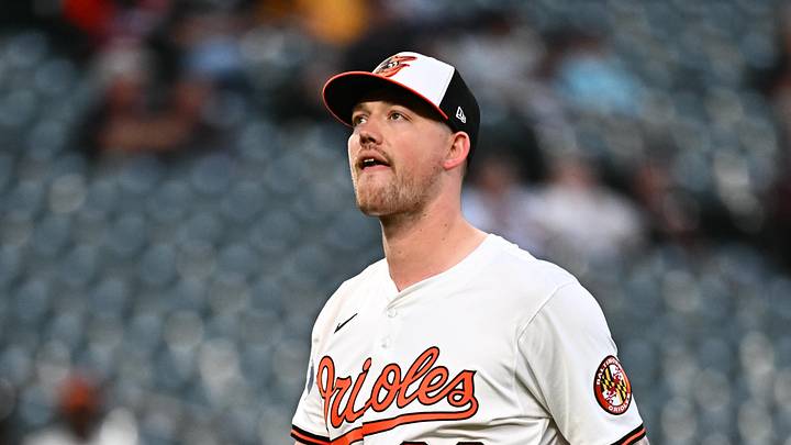 Sep 9, 2025; Baltimore, Maryland, USA;  Baltimore Orioles pitcher Kyle Bradish (38) looks to the crowd during the second inning against the Pittsburgh Pirates at Oriole Park at Camden Yards. Mandatory Credit: James A. Pittman-Imagn Images