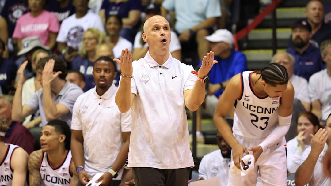 Nov 25, 2024; Lahaina, Hawaii, USA;  Connecticut Huskies head coach Dan Hurley reacts to play as his team takes on the Memphis Tigers during an NCAA college basketball game at Lahaina Civic Center. Mandatory Credit: Marco Garcia-Imagn Images