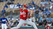 Mar 4, 2025; Phoenix, Arizona, USA; Cincinnati Reds pitcher Chase Petty against the Los Angeles Dodgers during a spring training game at Camelback Ranch-Glendale. Mandatory Credit: Mark J. Rebilas-Imagn Images