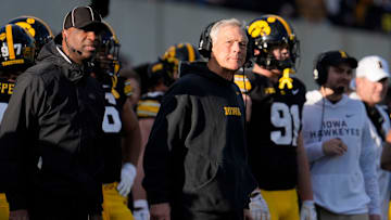 Iowa Hawkeyes head coach Kirk Ferentz watches a replay during a game against the Michigan State Spartans Nov. 22, 2025 at Kinnick Stadium in Iowa City, Iowa.