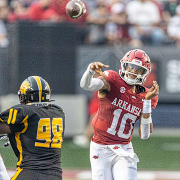 Arkansas Razorbacks quarterback Taylen Green throws a pass against UAPB in the season opener in Little Rock, Ark.