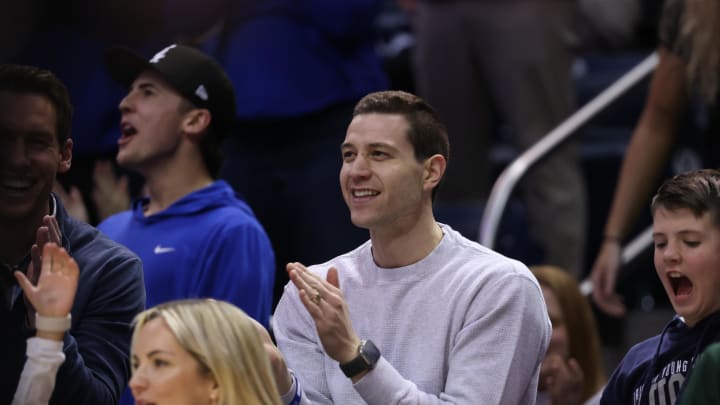 Jan 23, 2024; Provo, Utah, USA; Former NBA and Brigham Young Cougars basketball player Jimmer Fredette watches the game against the Houston Cougars during the second half at Marriott Center. Mandatory Credit: Rob Gray-USA TODAY Sports