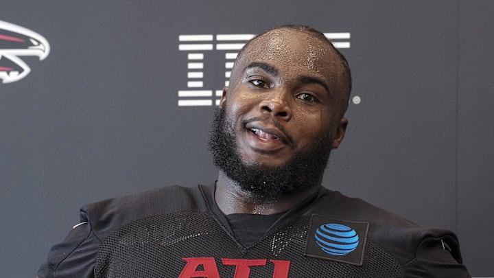 Grady Jarrett talks to reporters during the Falcons' 2024 training camp. Grady Jarrett talks to reporters during the Falcons' 2024 training camp.