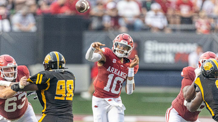 Arkansas Razorbacks quarterback Taylen Green throws a pass against UAPB in the season opener in Little Rock, Ark.