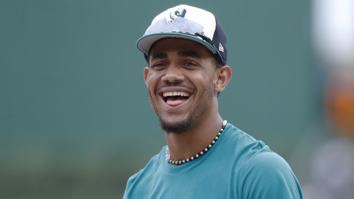 Seattle Mariners designated hitter outfielder Julio Rodriguez reacts before a game against the Pittsburgh Pirates on Aug. 16 at PNC Park.