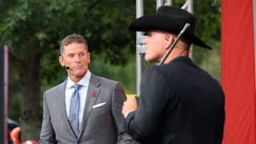 Oklahoma coach Brent Venables on set with Pat McAfee before ESPN's "College GameDay" before OU-Michigan.  