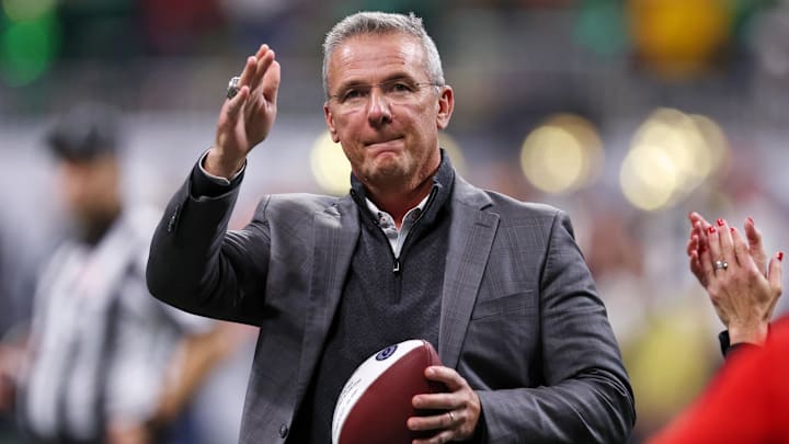 Jan 20, 2025; Atlanta, GA, USA; Urban Meyer looks on during the second half the CFP National Championship college football game at Mercedes-Benz Stadium. Mandatory Credit: Brett Davis-Imagn Images Jan 20, 2025; Atlanta, GA, USA; Urban Meyer looks on during the second half the CFP National Championship college football game at Mercedes-Benz Stadium. Mandatory Credit: Brett Davis-Imagn Images