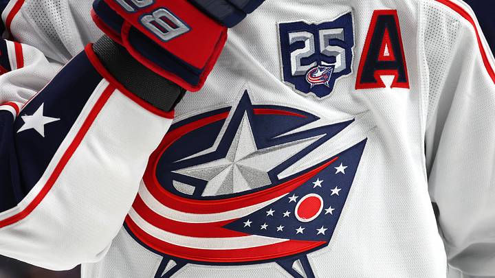 Apr 9, 2026; Buffalo, New York, USA;  A general view of a Columbus Blue Jackets jersey worn by a player against the Buffalo Sabres at KeyBank Center. Mandatory Credit: Timothy T. Ludwig-Imagn Images