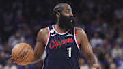 Oct 22, 2025; Salt Lake City, Utah, USA; Los Angeles Clippers guard James Harden (1) brings the ball up the court against the Utah Jazz during the second half at Delta Center. Mandatory Credit: Rob Gray-Imagn Images