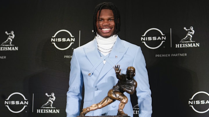 Colorado Buffaloes wide receiver/cornerback Travis Hunter poses for a photo during a press conference before the 2024 Heisman Trophy Presentation. 