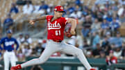 Mar 4, 2025; Phoenix, Arizona, USA; Cincinnati Reds pitcher Chase Petty against the Los Angeles Dodgers during a spring training game at Camelback Ranch-Glendale. Mandatory Credit: Mark J. Rebilas-Imagn Images