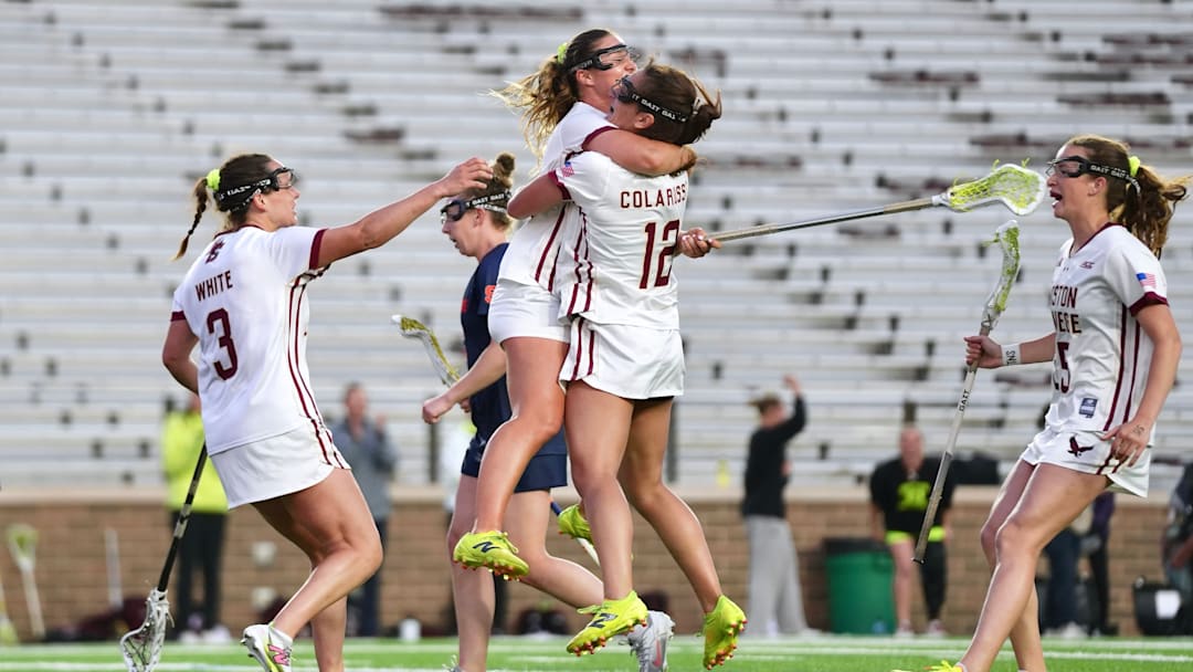 Kylee Colbert embraces Giulia Colarusso after a goal at Alumni Stadium on April 16, 2026.