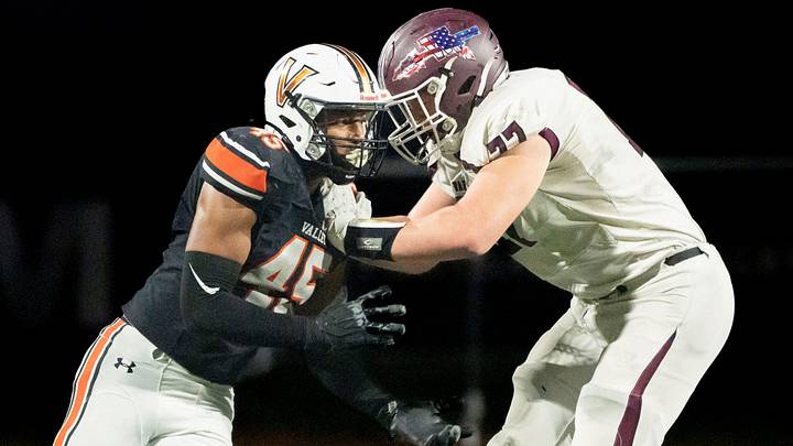 Waterloo West's Carson Nielsen blocks against West Des Moines Valley's Jarome Horn during the West Des Moines Valley and Waterloo West football game at Valley Stadium on Friday, Oct. 11, 2024, in West Des Moines.