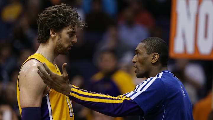 Jan. 30, 2013; Phoenix, AZ, USA: Los Angeles Lakers forward Pau Gasol (left) talks with teammate Metta World Peace against the Phoenix Suns at the US Airways Center. Mandatory Credit: Mark J. Rebilas-Imagn Images Jan. 30, 2013; Phoenix, AZ, USA: Los Angeles Lakers forward Pau Gasol (left) talks with teammate Metta World Peace against the Phoenix Suns at the US Airways Center. Mandatory Credit: Mark J. Rebilas-Imagn Images