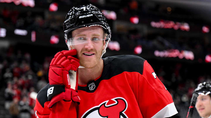 Oct 22, 2025; Newark, New Jersey, USA; New Jersey Devils defenseman Dougie Hamilton (7) reacts after winning against the Minnesota Wild at Prudential Center. Mandatory Credit: John Jones-Imagn Images