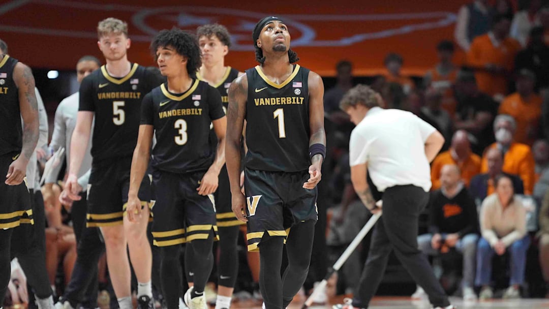 Vanderbilt's Jason Edwards (1) on the court during a men’s college basketball game between Tennessee and Vanderbilt at Thompson-Boling Arena at Food City Center, Saturday, Feb. 15, 2025.