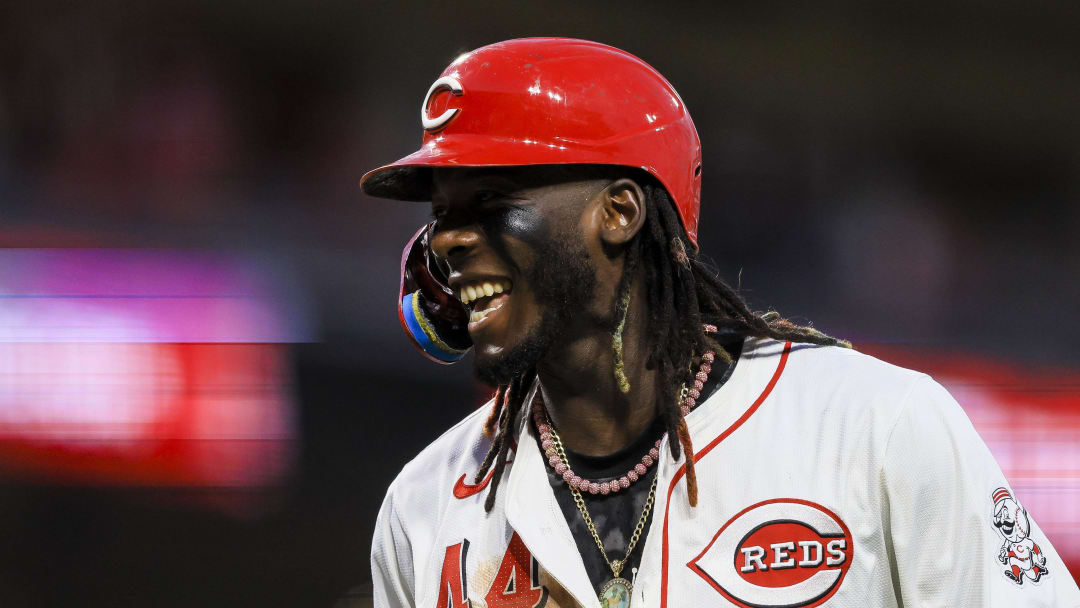 Jun 24, 2024; Cincinnati, Ohio, USA; Cincinnati Reds shortstop Elly De La Cruz (44) reacts after hitting a two-run home run in the sixth inning against the Pittsburgh Pirates at Great American Ball Park. Mandatory Credit: Katie Stratman-USA TODAY Sports