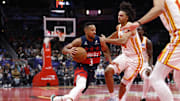 Nov 25, 2025; Washington, District of Columbia, USA; Washington Wizards guard CJ McCollum (3) drives to the basket as Atlanta Hawks forward Asa Newell (14) defends in the second half at Capital One Arena. Mandatory Credit: Geoff Burke-Imagn Images