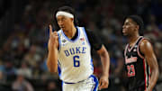 Apr 5, 2025; San Antonio, TX, USA; Duke Blue Devils forward Maliq Brown (6) reacts after a play against the Houston Cougars during the first half in the semifinals of the men's Final Four of the 2025 NCAA Tournament at the Alamodome. Mandatory Credit: Bob Donnan-Imagn Images
