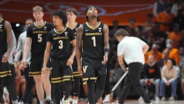 Vanderbilt's Jason Edwards (1) on the court during a men’s college basketball game between Tennessee and Vanderbilt at Thompson-Boling Arena at Food City Center, Saturday, Feb. 15, 2025.