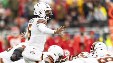 Dec 15, 2024; Cleveland, Ohio, USA; Cleveland Browns quarterback Jameis Winston (5) calls signals against the Kansas City Chiefs during the first quarter at Huntington Bank Field. Mandatory Credit: Scott Galvin-Imagn Images