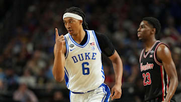 Apr 5, 2025; San Antonio, TX, USA; Duke Blue Devils forward Maliq Brown (6) reacts after a play against the Houston Cougars during the first half in the semifinals of the men's Final Four of the 2025 NCAA Tournament at the Alamodome. Mandatory Credit: Bob Donnan-Imagn Images