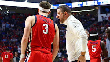 Feb 4, 2025; Oxford, Mississippi, USA; Mississippi Rebels head coach Chris Beard talks to guard Sean Pedulla (3) during the first half against the Kentucky Wildcats at The Sandy and John Black Pavilion at Ole Miss. Mandatory Credit: Petre Thomas-Imagn Images