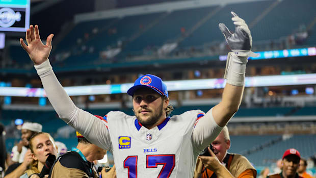 Sep 12, 2024; Miami Gardens, Florida, USA; Buffalo Bills quarterback Josh Allen (17) reacts after the game against the Miami 